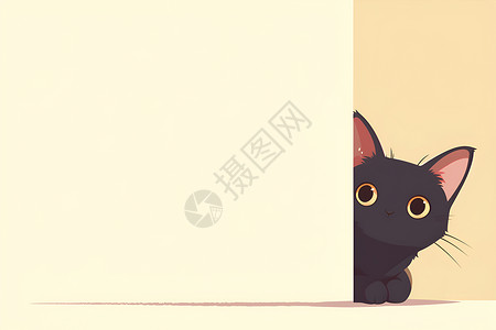 可爱的黑猫从墙后悄悄探出身子插画