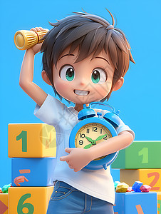 数字方块抱着时钟的少年插画