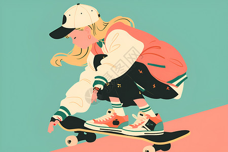 轮子卡通滑板上的自信女孩插画