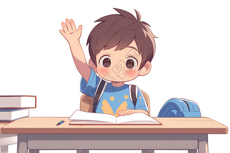 聪明卡通聪明的男孩在课桌前扬起手来插画