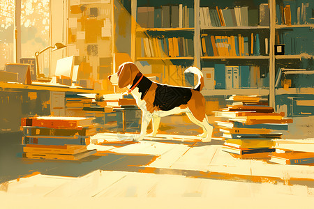 小狗的房间里有许多书高清图片