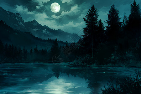 月光映照明月映照山湖插画