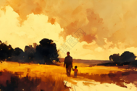 阴云下的草地夕阳下父子手牵手穿过田野的数字艺术照片插画