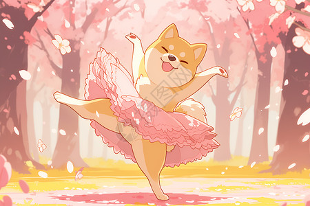 小狗跳舞柴犬在樱花树间跳舞插画