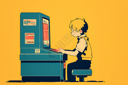机器按钮机器前的男孩插画