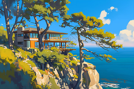 悬崖上的海景别墅插画