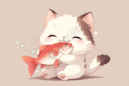 锂鱼小猫拿着一条鱼插画