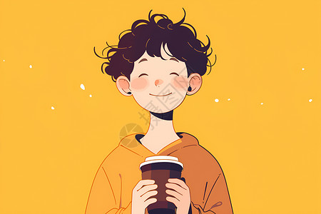 少年咖啡杯捧着咖啡杯的可爱男孩插画
