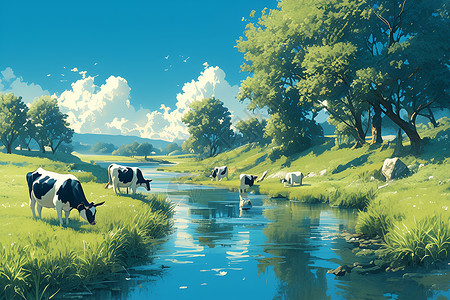 正在吃草的牛牛在河边吃草插画