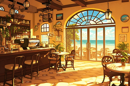 桌椅卡通海边的餐厅插画插画