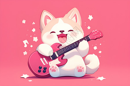 贵宾狗狗表演吉他的卡通狗狗插画