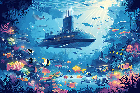 创意潜水艇奇幻海底世界插画插画