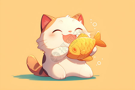 可爱小猫画家快乐小猫抱着鱼插画