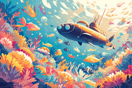 潜水艇图片珊瑚丛里的潜水艇插画