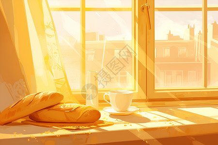 轻食早餐温暖窗台的牛奶和法式面包插画