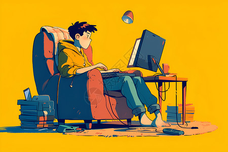 网吧上网沉迷电脑的男孩插画