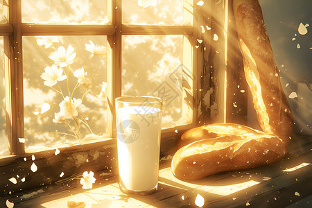 有风吹过窗台窗台上有一杯牛奶和两根法式面包插画