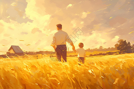 排放阳光手牵手在阳光田野上的父子插画