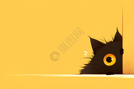 偷偷的黑猫在黄色背景下偷偷张望插画