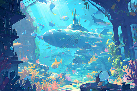 海底城堡间的潜水艇插画