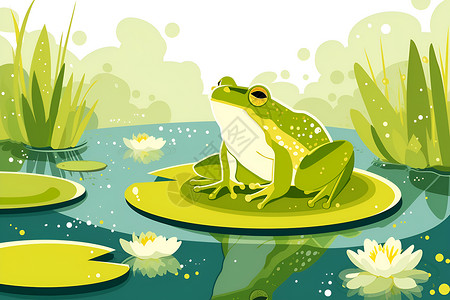朝上池塘中可爱的青蛙坐在莲叶上插画