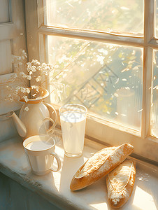 窗边阳光下的牛奶和法式长棍面包插画