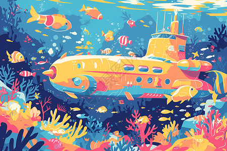 珊瑚棍背景中卡通的潜水艇插画