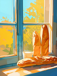 法式长棍面包窗前的法式面包插画