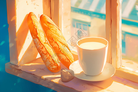 法式料理窗台上的面包和牛奶插画