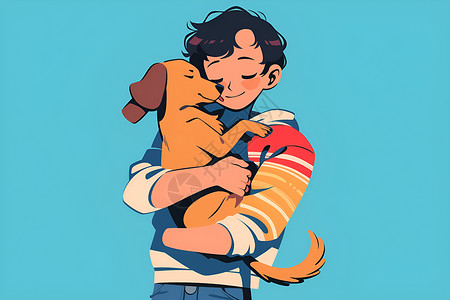 蓝色短袖少年怀中的爱犬插画