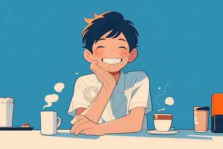 愉快图片欢乐少年与咖啡插画