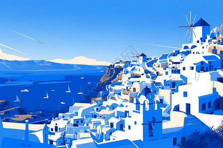 蓝城小镇蓝天下的岛屿小镇插画