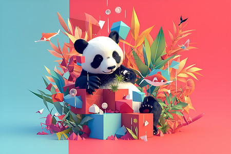 盒子彩色一只熊猫坐在箱子堆上插画