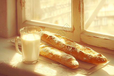 窗牛奶与法式长棍面包插画