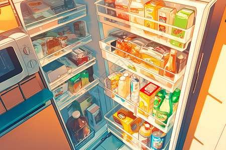 封闭式厨房塞满冰箱的美食插画