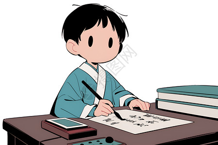 字风书法素材写书法字的男孩插画