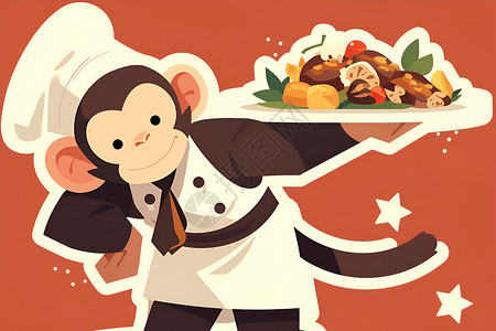 糕点厨师猴子厨师制作的美食插画