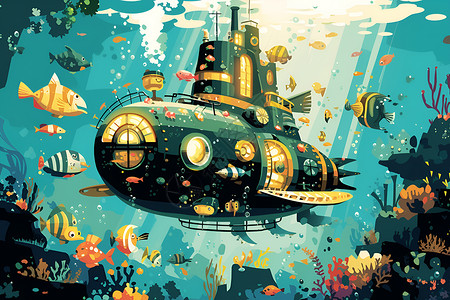 海底探索海底探险的潜水艇插画