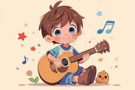 弹奏尤克里里可爱的卡通男孩弹吉他插画