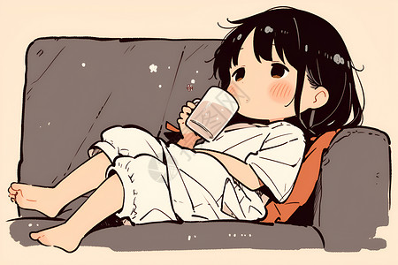 喝奶女人一个小女孩躺在沙发上喝奶茶插画