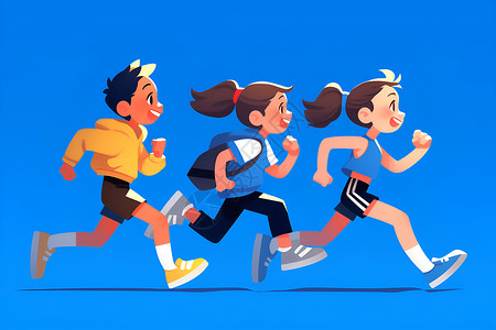 快乐的儿童快乐奔跑的三个孩子插画