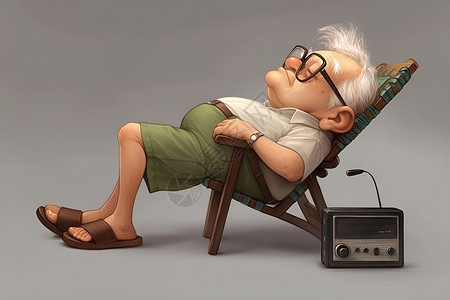 躺椅子上老人躺在椅子上听收音机插画