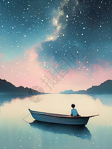 星夜下湖上的船插画