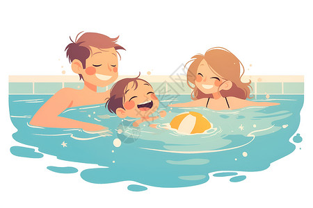 家庭泳池家庭欢乐泳池时光插画