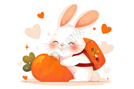 橙色白毫可爱的白兔子背着橙色背包插画