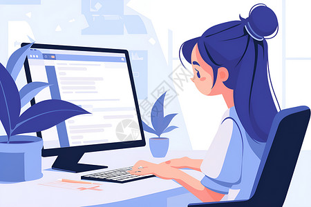 专心工作的女人在电脑前工作插画