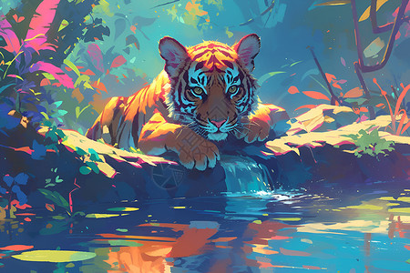森林小老虎舞蹈小老虎在水边插画