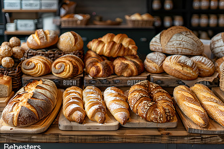 面包陈列烘焙柜台上陈列着各种面包背景