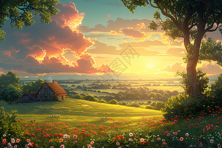 夕阳下的草地乡村夕阳下的农场风景插画