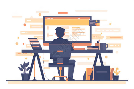 商务纯色计算机画面中的男人看着电脑屏幕前的植物背景为纯色标题为成功创业计划如何开始插画
